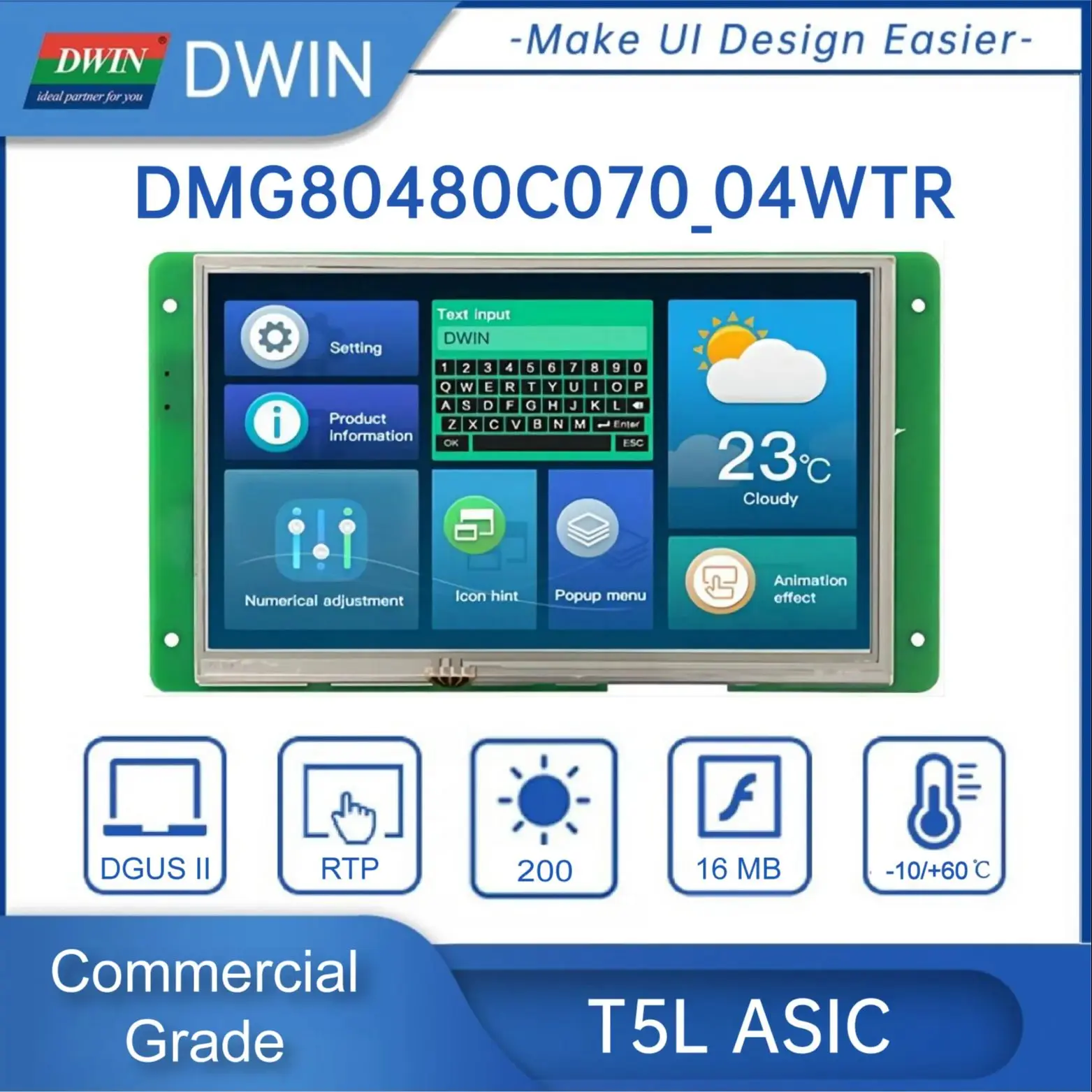 DWIN-Smart Touch Panel Screen, Display TFT, 800x480 RS232 TTL HMI, Módulo LCD de 7 polegadas, UART, 800x480, DMG80480C070-04W