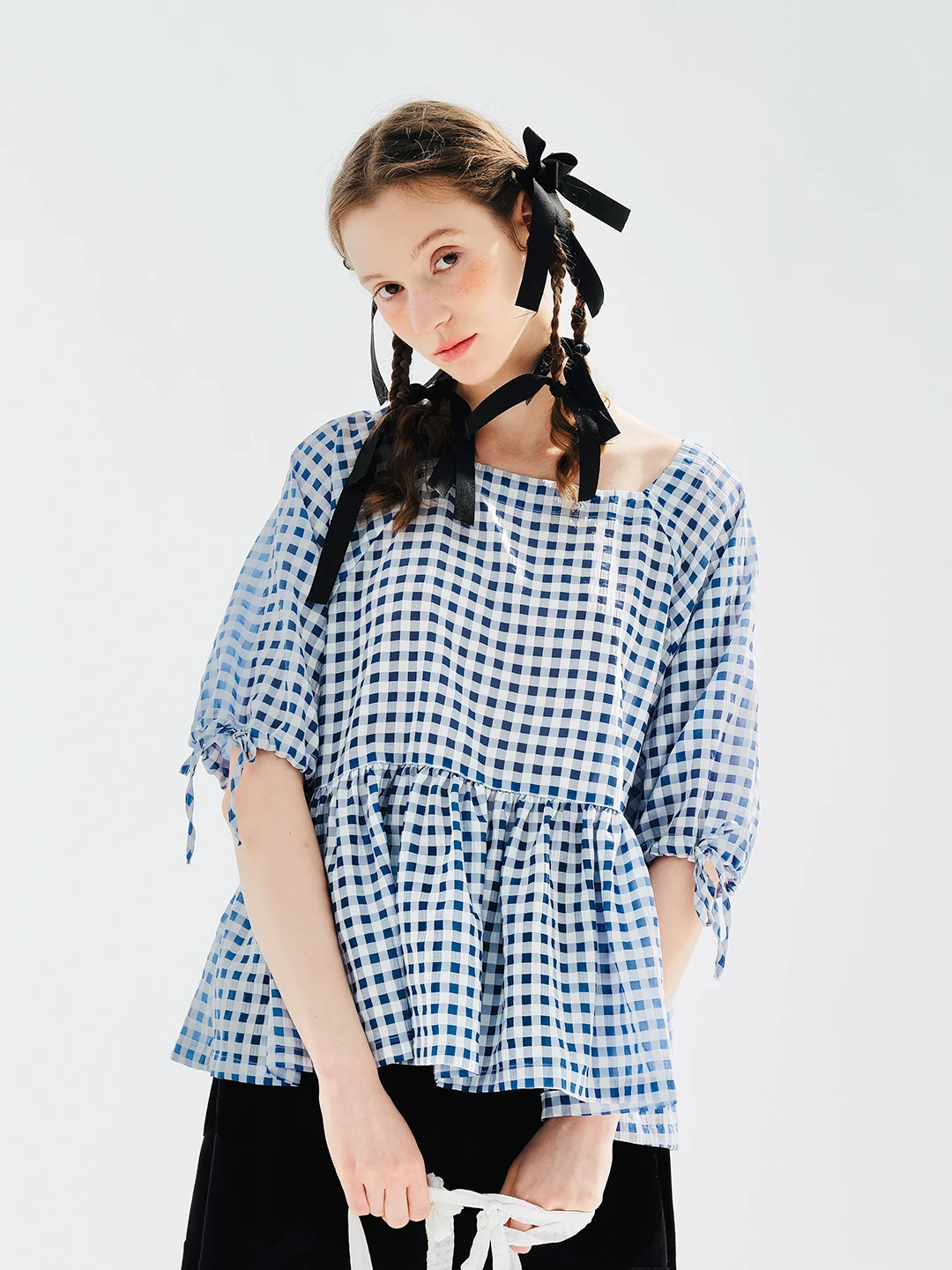 imakokoni original summer blue plaid shirt with puffy sleeves loose casual women's top 234102