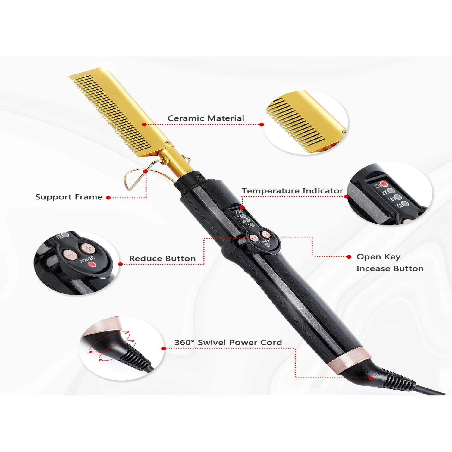 Hot Comb, Straightening Comb For Wigs, Hot Comb Hair Straightener, 220℃ High Heat With Dual Voltage, Portable Ceramic Brush,