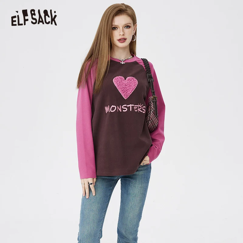 

ELFSACK Loose Printed Appliques T-Shirts Women 2024 Spring Long Sleeve Basic Daily Tops