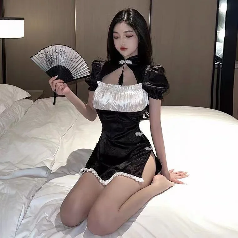 

Chinese Style Girl Cheongsam Short Sleeves Slit Sexy Mini Dress Elegant Backless Hot Sexy Korean Women Tops V719