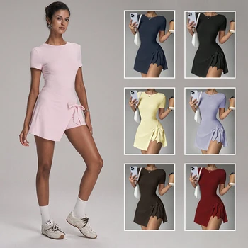 Golf Tennis Dress for Women Short Sleeve Crewneck Wrap Skirt Built in Shorts U Backless Workout Golf Athletic Dresses