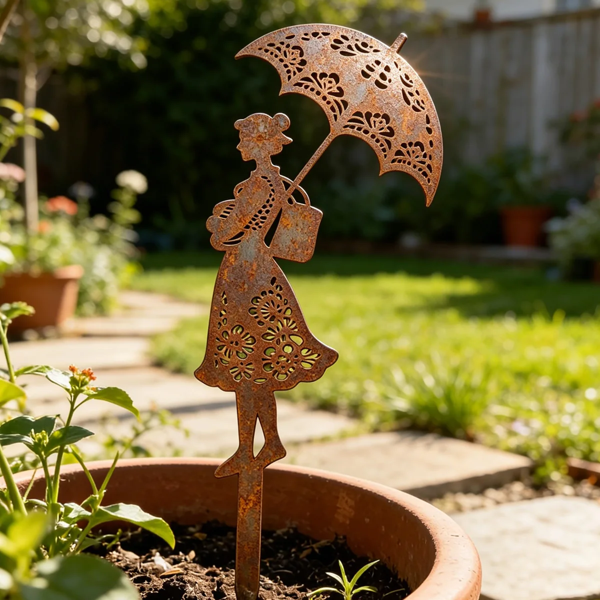 1 Stück dekorativer Gartenstecker aus Eisen, Metall-Silhouetten-Dekoration für Frauen, Blumentopf-Ornament, Garteneingangsdekoration, Metall-Gartendekoration, geeignet für Garten- und Terrassendekoration, Gartendekoration, Außendekoration und ideales Geschenk für Valentinstag, Erntedankfest, Muttertag, Weihnachten und andere Feiertage
