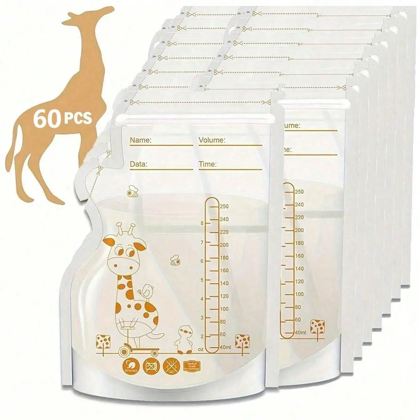 60pcs Breast Milk Storage Bags, 8oz Milky Way Breastfeeding Storage Bags With Spout, Flat Design Space-Saving Bags Also Usable F