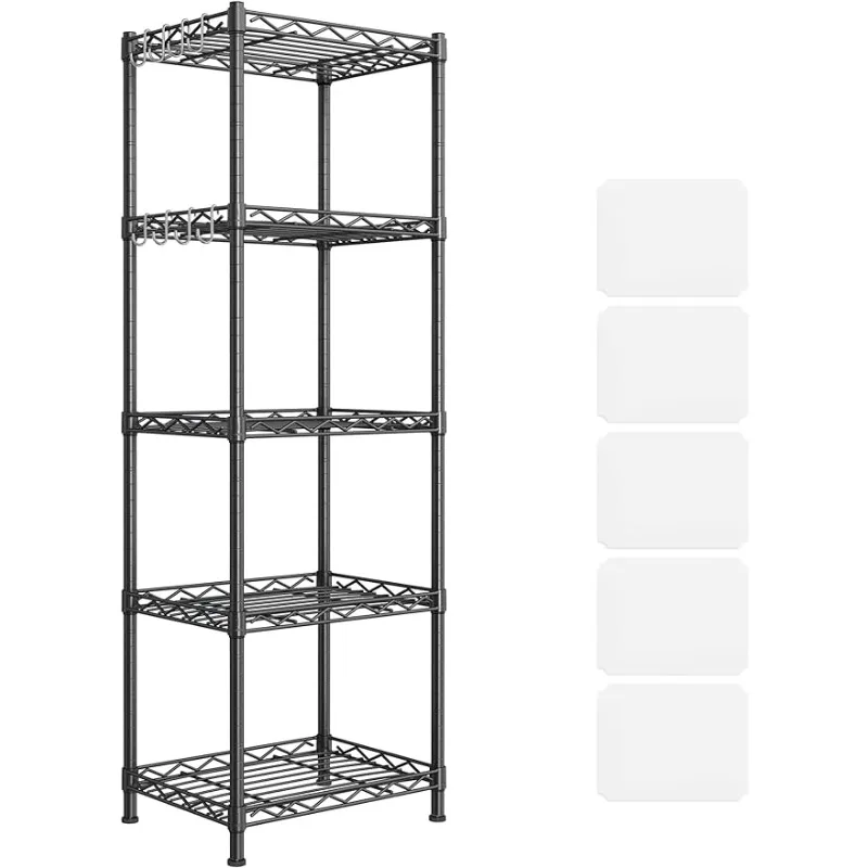

SONGMICS Kitchen Metal Shelves, 5-Tier Wire Shelving Unit with 8 Hooks, Narrow Storage Rack with PP Shelf Liners