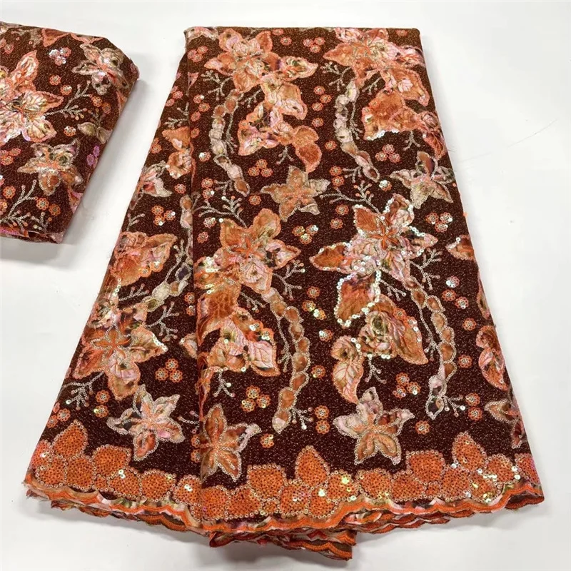 

Brown Sequence African Lace Fabric 5 Yards High Quality Sequin French Tulle Lace Nigerian Wedding Asoebi Gown Sewing Material