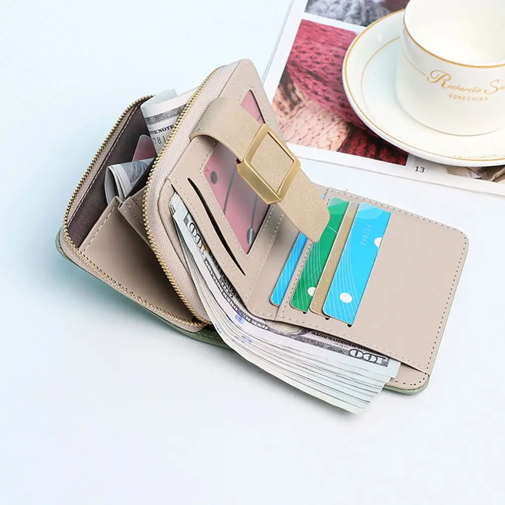 Fashion Women's Short Wallet Metal Buckle Tab Zipper Coin Purse Student  Card Holder New Colorblock Multifunctional Clutch