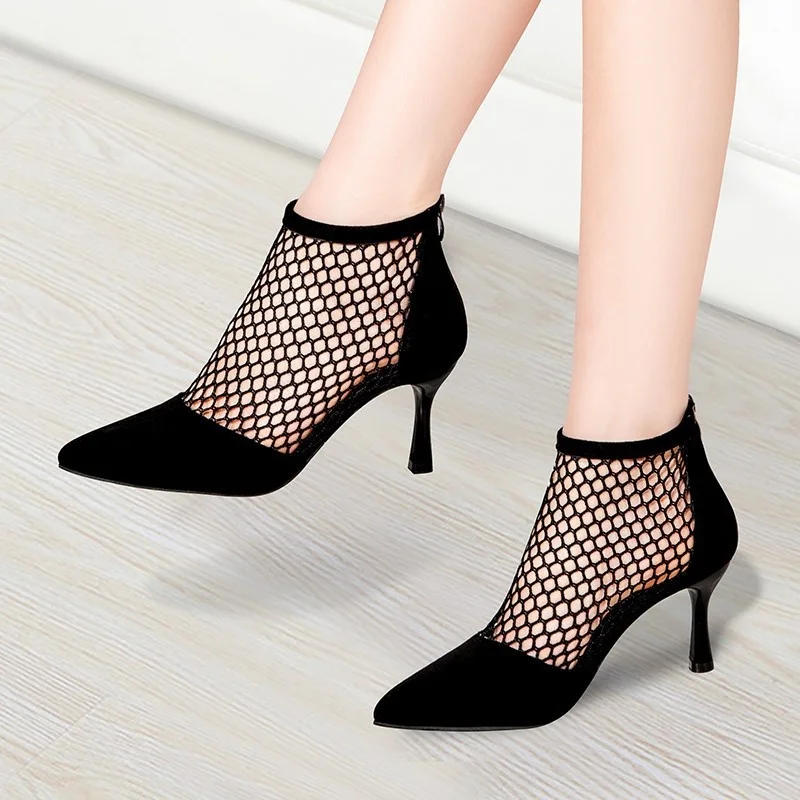2022 Spring Women's Pointed Thin Heel Mesh Boots Hollow Sandals Lady