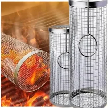 야외 바베큐 케이지 롤링 그릴 바구니, 스테인레스 스틸 야채 그릴 바구니, 튀김 생선 새우 고기 그릴 기구