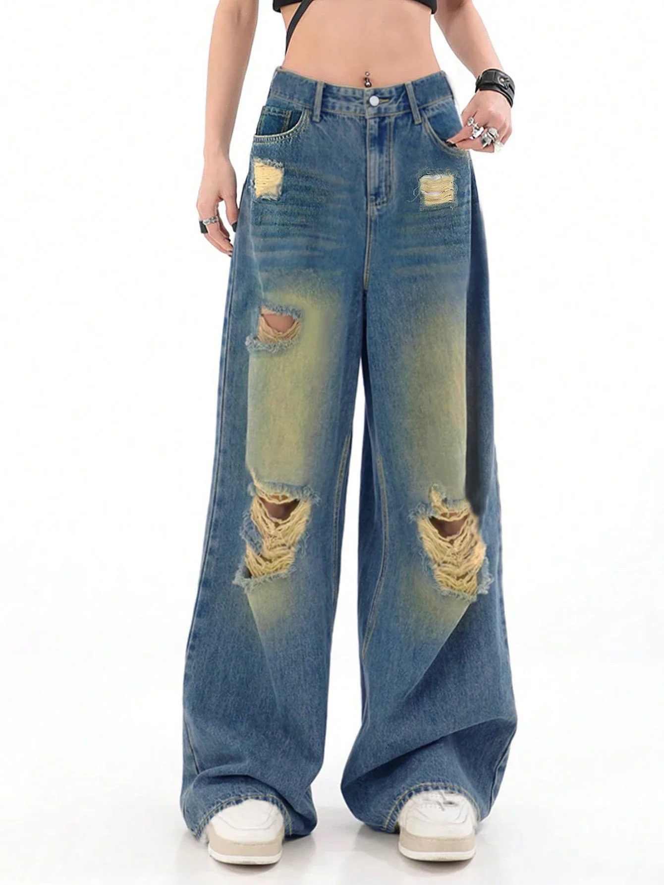 

American Retro Ripped Jeans for Women, Straight Full Length, Traf Pants, Baggy Denim Trousers, Y2K Streetwear, Official Store