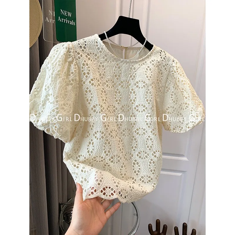 

Shirt Women Lace Solid Minimalist Hollow Out Popular Leisure All-match Female Temperament Female Tender Korean Style Summer New