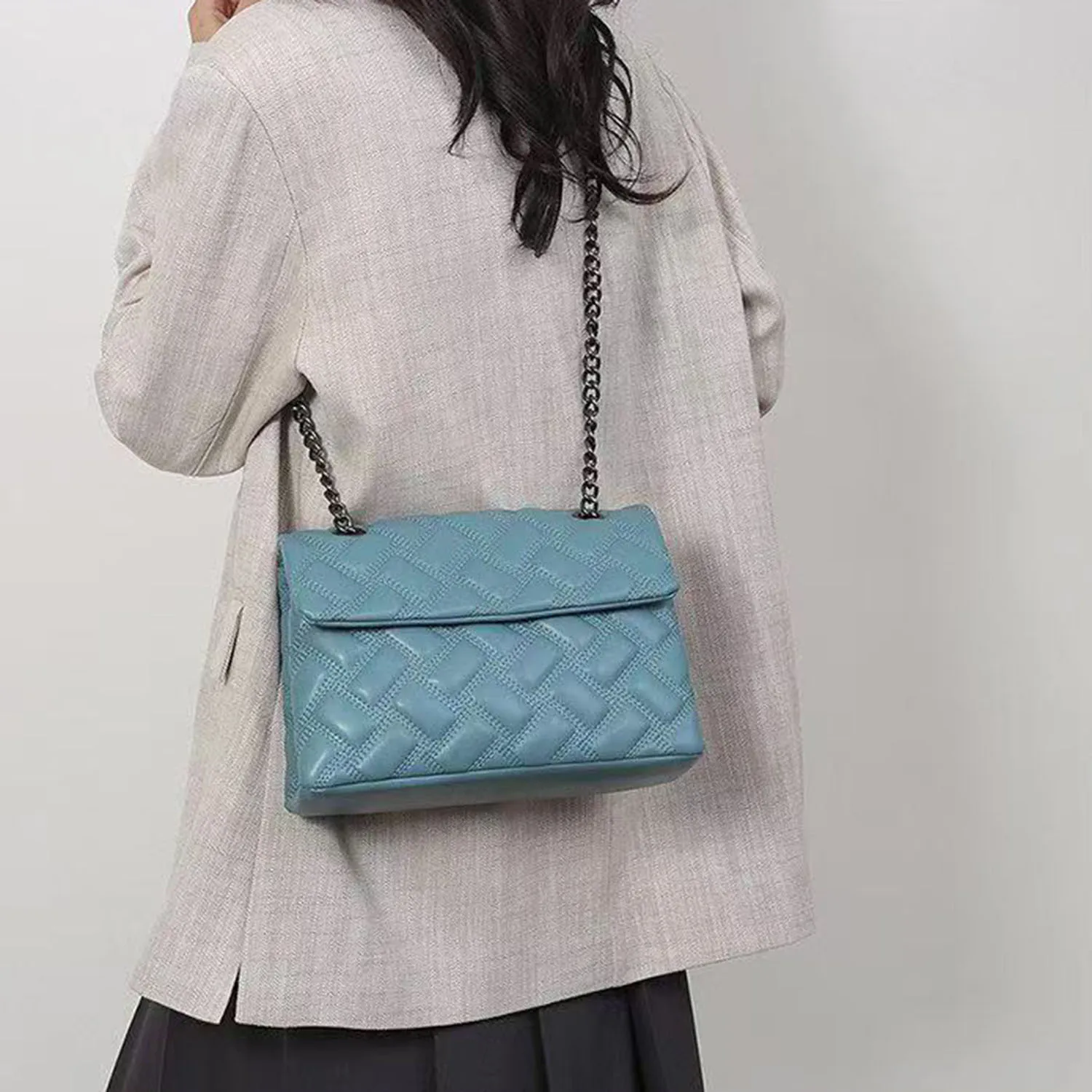 Women's K-G Lingge Chain Bag Sewing Fashion Bag Shoulder Handbag PU Leather Ladies Crossbody