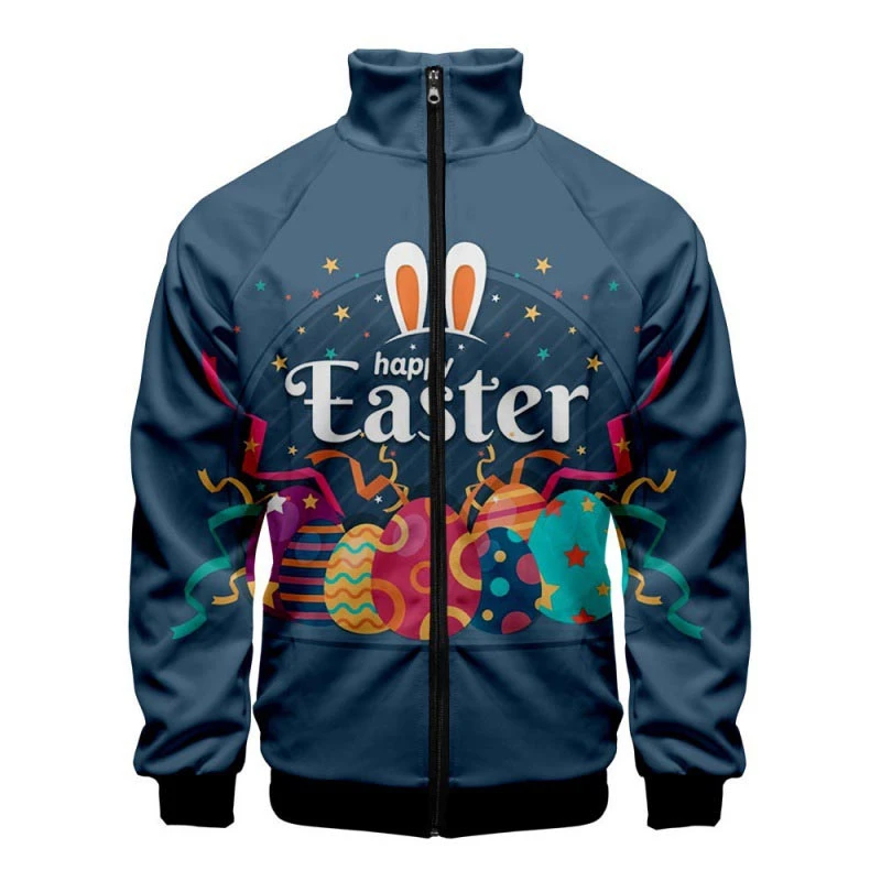 thumbnail image 1 of Chaqueta con cremallera y estampado 3D de Pascua en el oeste, divertida chaqueta de manga larga, cuello alto, ropa de moda, abrigo informal de talla grande para hombre, 1 of 5