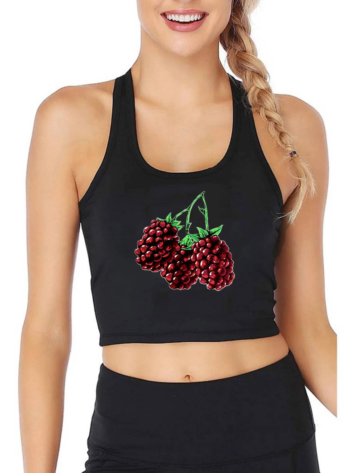 

Raspberry Pattern Design Breathable Slim Fit Tank Top Women's Yoga Sport Crop Tops Gym Vest Summer Camisole