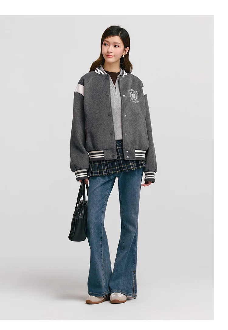 Coat Women Embroidery Patchwork Contrast Color Loose Jacket New Winter Imitation Woolen Baseball Jacket