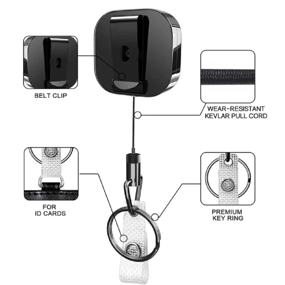 Heavy Duty Metal Retractable Badge Holders Carabiner Keychain Belt Badge Reels Clip Key Ring ID Card Holder 28.3inch Reinforced 2