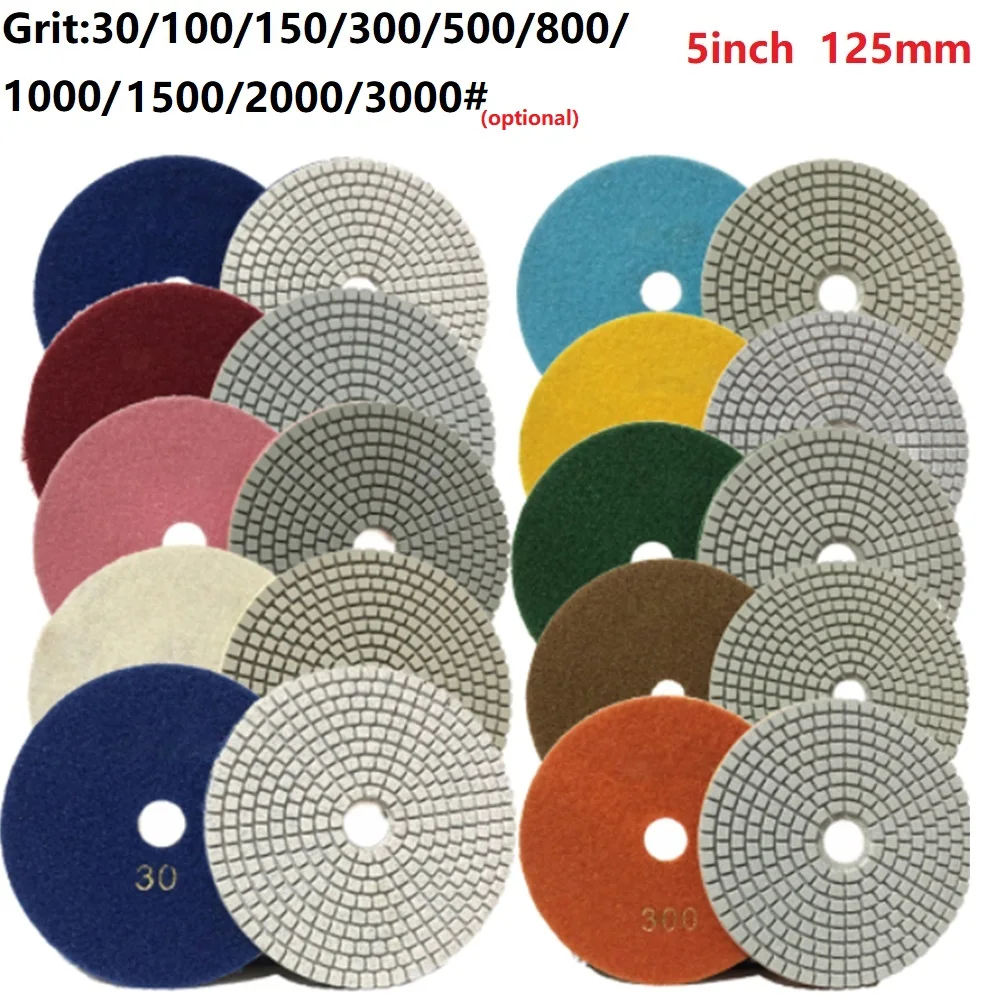 5 Inch 125mm Diamonds Polishing Pads Kit Wet/Dry For Granite Stone Concrete Marble Polishing Use Grinding Discs Polishing Tools