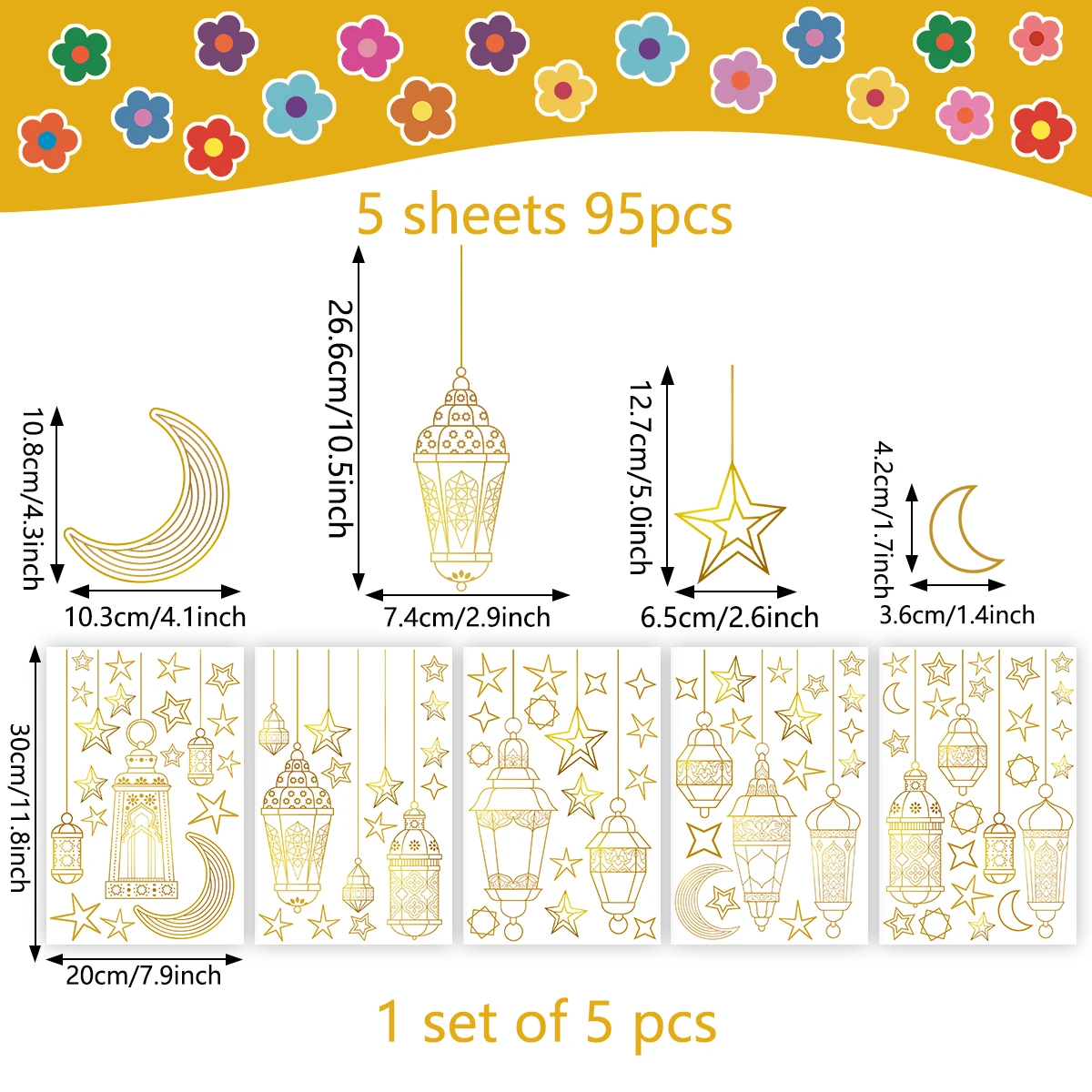 5 Stück/Set Stern-Mond-Lampe, doppelseitig bedruckte, kleberfreie Wandaufkleber, elektrostatische Glasfolie für Schaufensterdekorationen – Detail 14