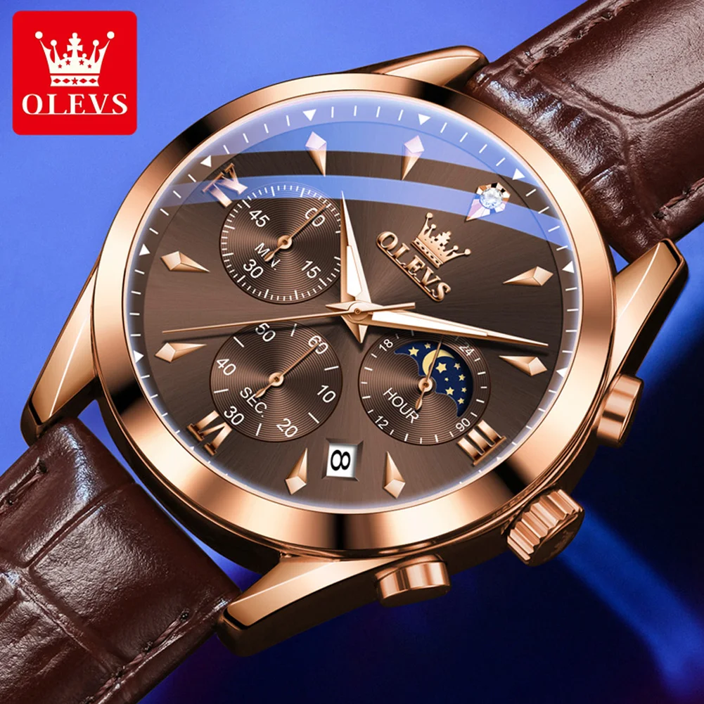 OLEVS Brand Luxury Chronograph Quartz Watch for Men Leather Waterproof Luminous Calendar Sport Mens Watches Relogio Masculino