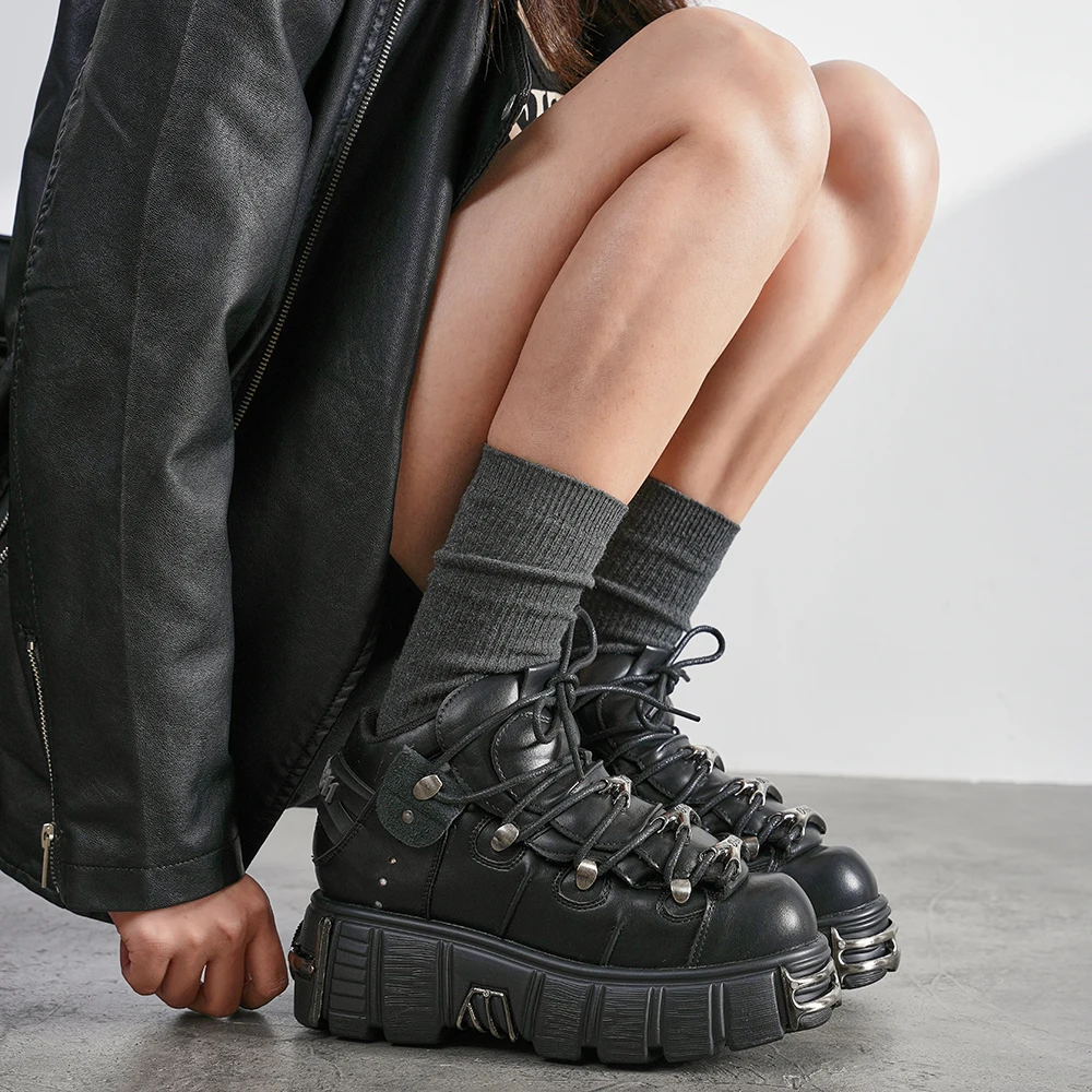 Zapatos de Mujer Estilo Punk, Marca Nueva 2026, con Cordones, Tacón de 6CM, Plataforma, Botas Rock con Decoración Metálica, Zapatillas de Mujer