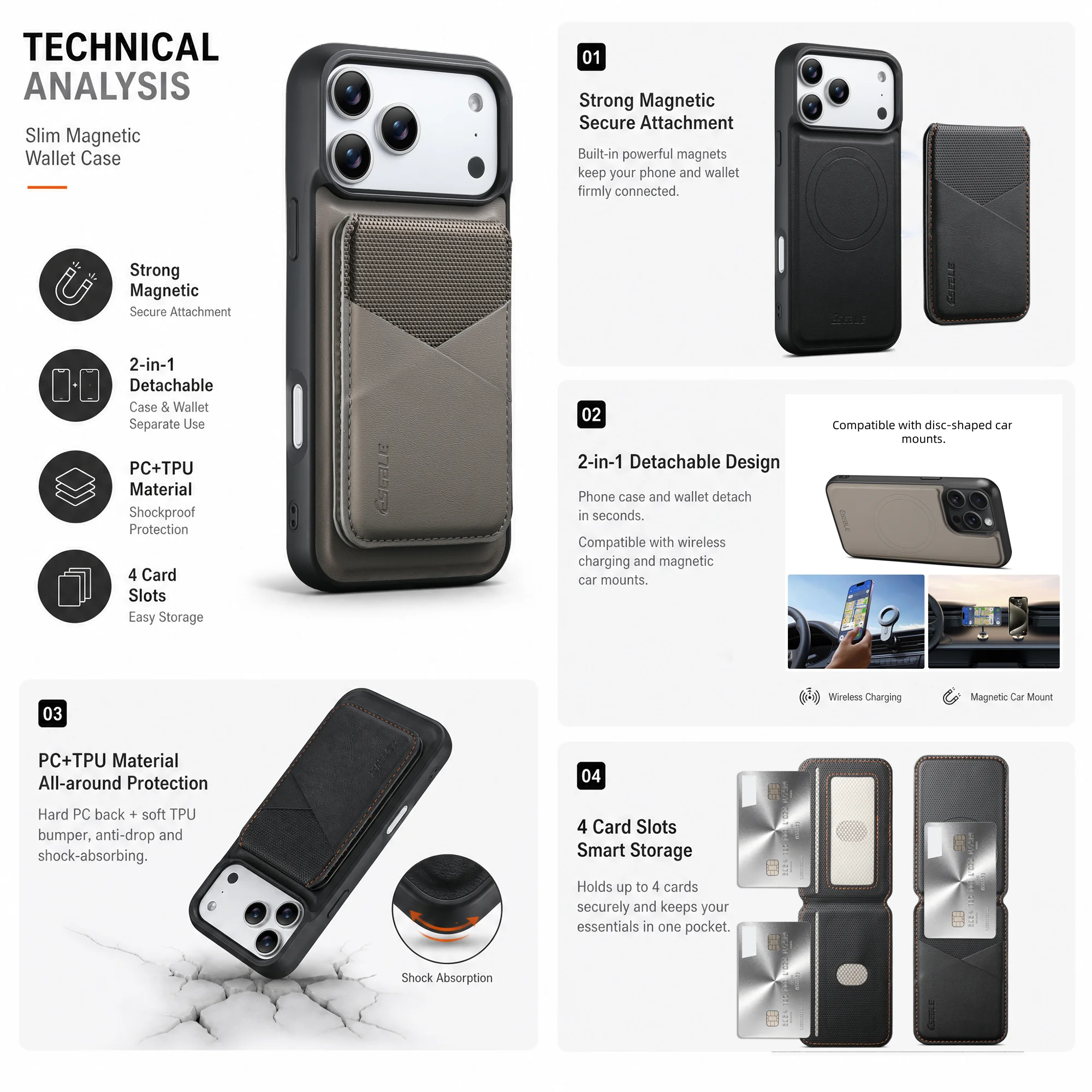 Elegant 2-in-1 Detachable Magnetic Leather Wallet Phone Case with Color-Blocked Card Pocket