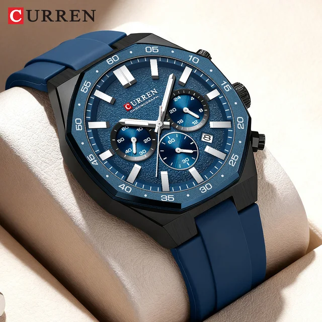 CURREN Men's Sports Chronograph Watch with Silicone Strap Multifunction Dial with Date Luminous Hands Casual Quartz Wristwatch