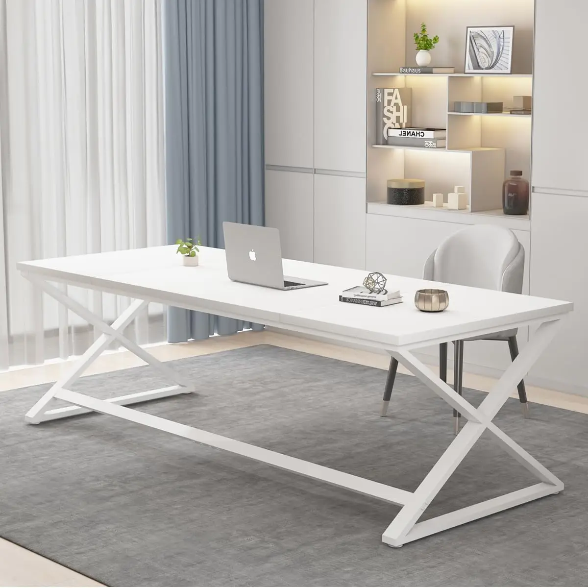 

Long White Computer Desk, Modern Simple Large Home Office Desk, Wood Metal Work Study Writing Table for 2 Person,White Oak,70 in