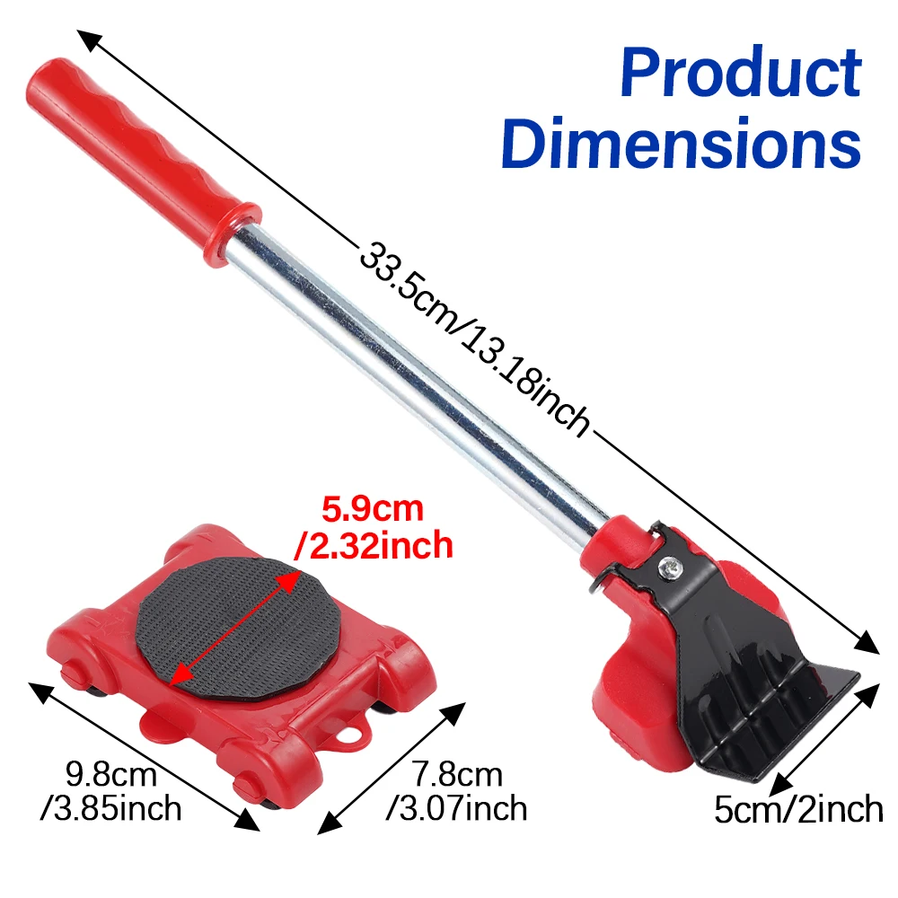 Heavy Duty Furniture Moving Roller Set with Lifting Handle - 5 Piece Transport Tool Kit
