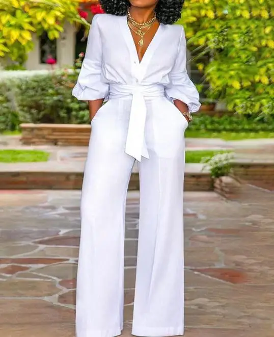 

Women's Fashion White Long Jumpsuit Straight Casual Autumn Clothing New Temperament Commuting Female Elegant Work Jumpsuits