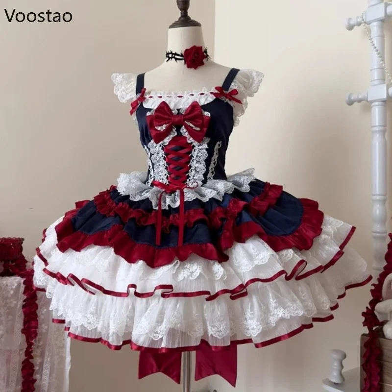 Lolita Dress Japanese Sweet Lolita Jsk Dress Women Kawaii Lace Ruffles Bow Bandage Slim Princess Dresses Girls Y2k Cute Tea Party Mini Dress Lolita Suspender Dress Lolita Cosplay Costumes