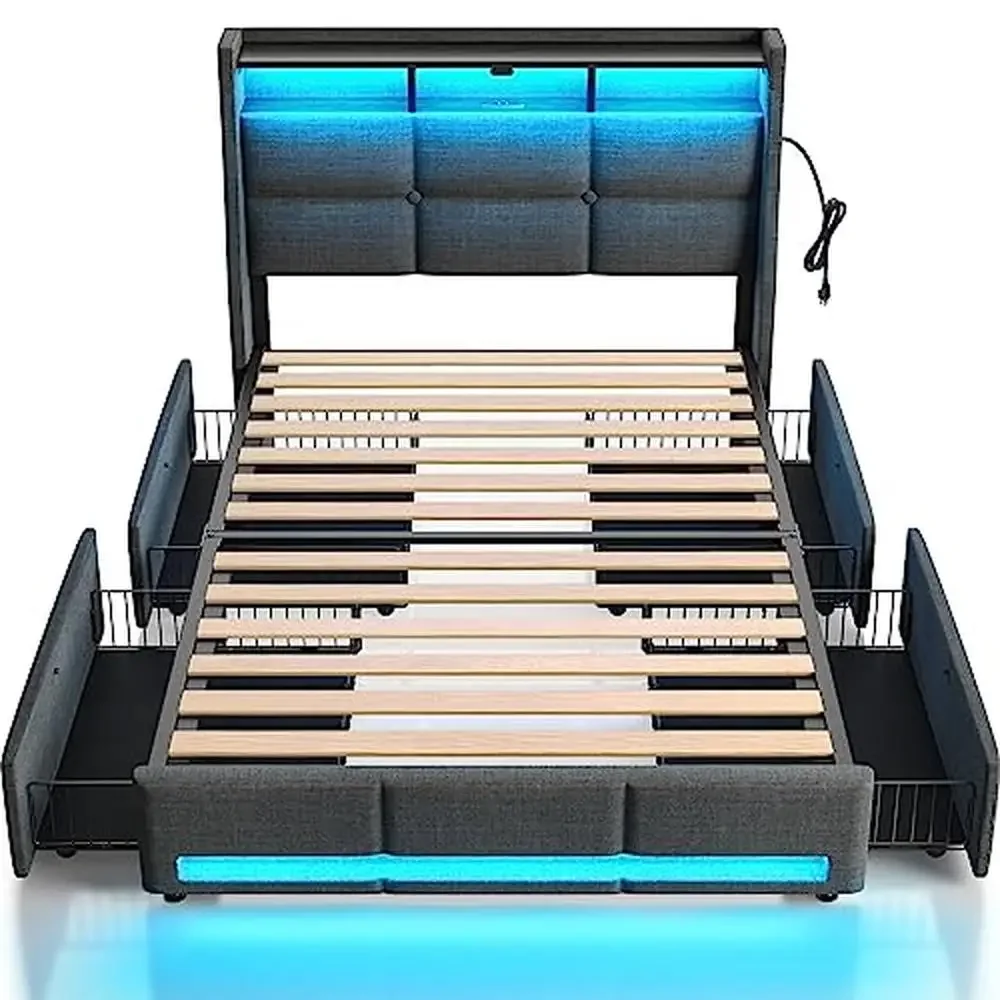 Twin Size Bed Frame LED Lights USB Charging Station Sliding Drawers Grey Linen Storage Shelf