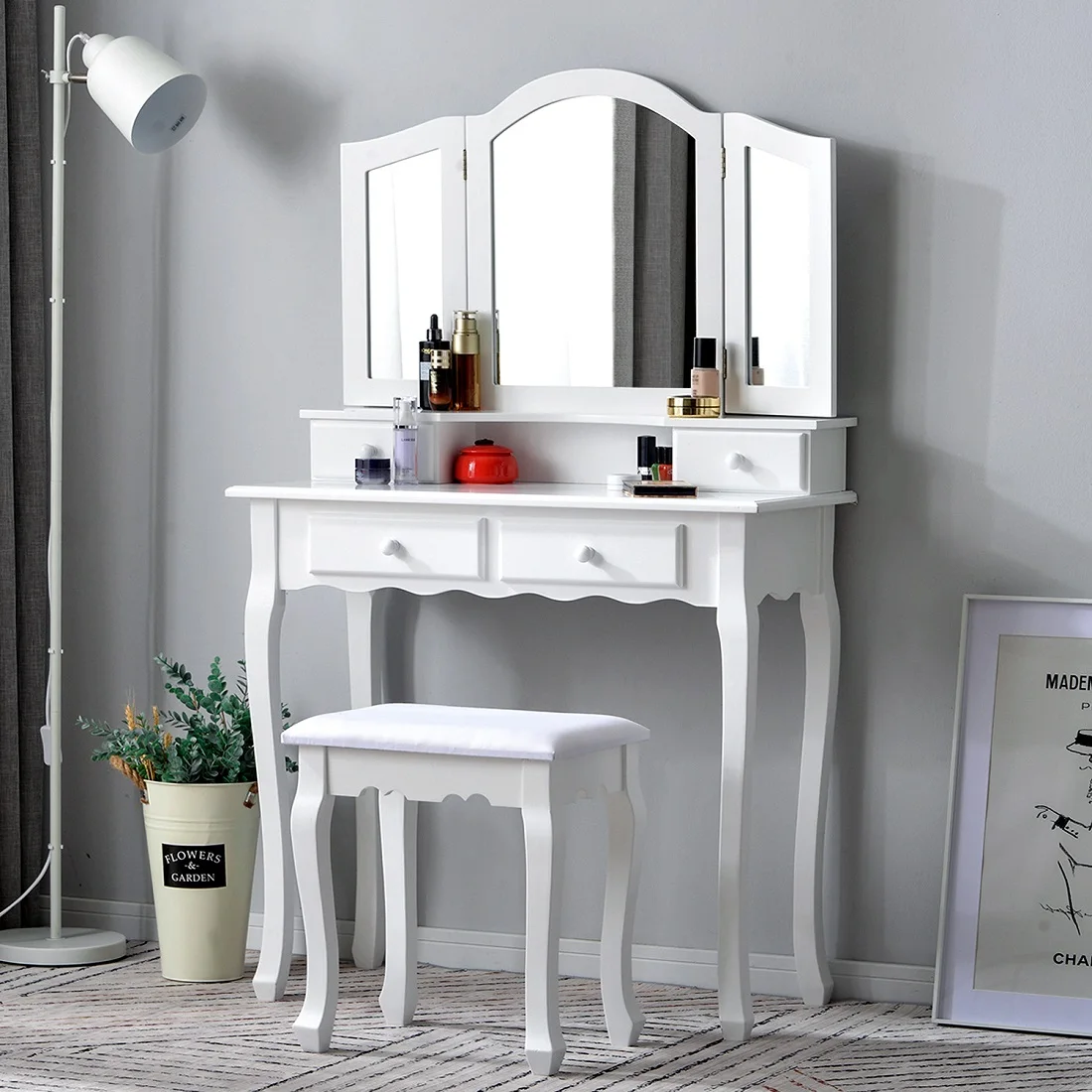 Description Picture 5 of itemWhite Makeup Vanity Table with Stool and Mirrors Dressing Tables with 4 Drawers Makeup Bedroom Cabinets Storage Toiletries Table