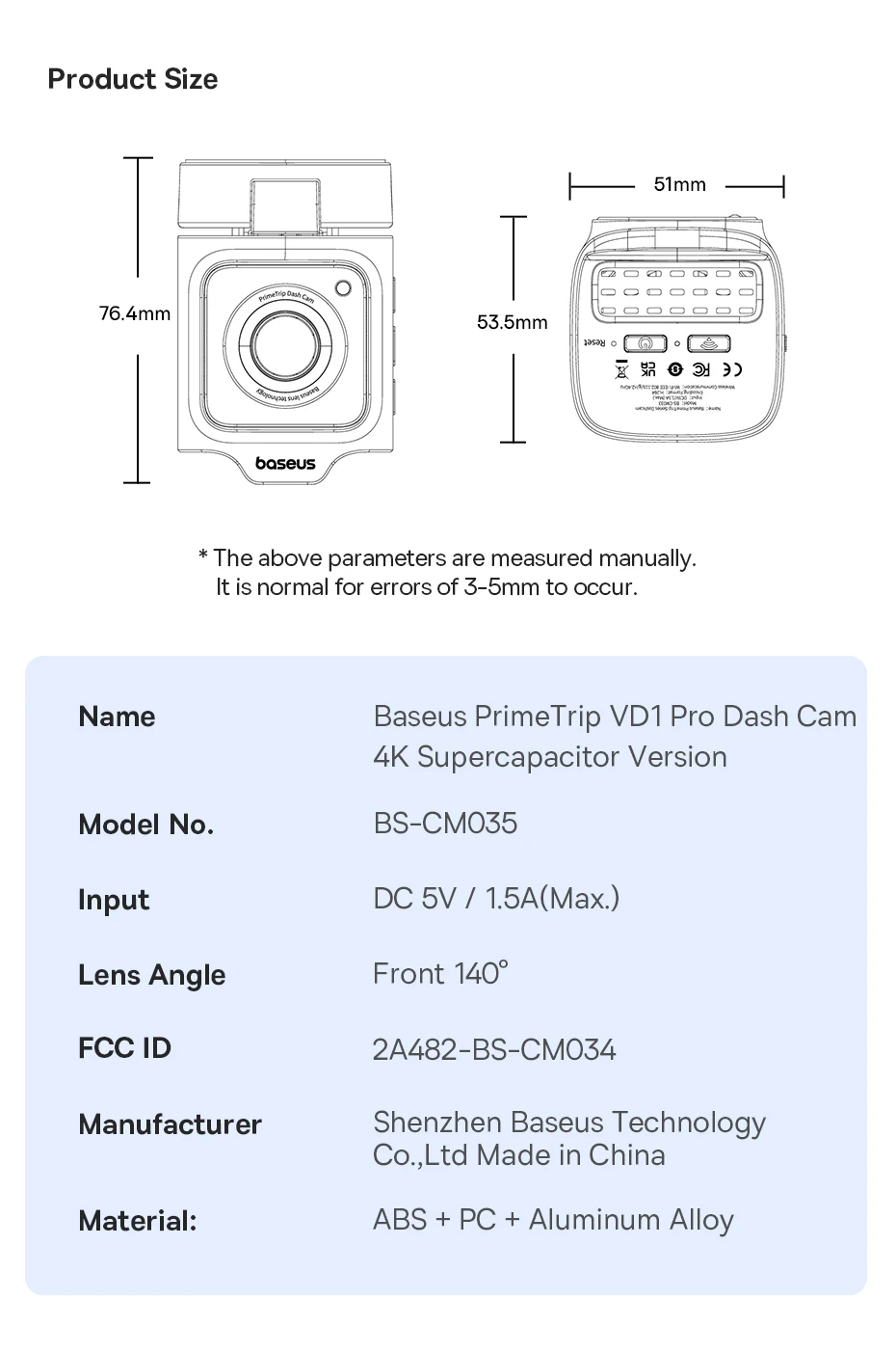 VD1 4K Dash Cam Front UHD Car Camera Night Vision Built-in GPS ADAS Car DVR 140F
