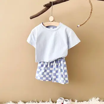 2024 Neonato Estate Ragazzi Set di abbigliamento Tinta unita T-shirt a maniche corte + Pantaloncini a scacchiera Cotone Ragazze Casual Vestito per bambini 1
