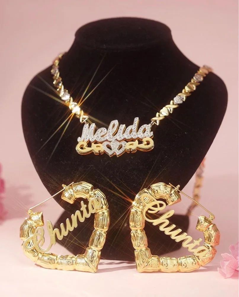 Custom Name Necklace Double Layer Nameplate Heart Earrings Personalized XOXO Heart Necklace Chain Letter Necklace For Women Gift