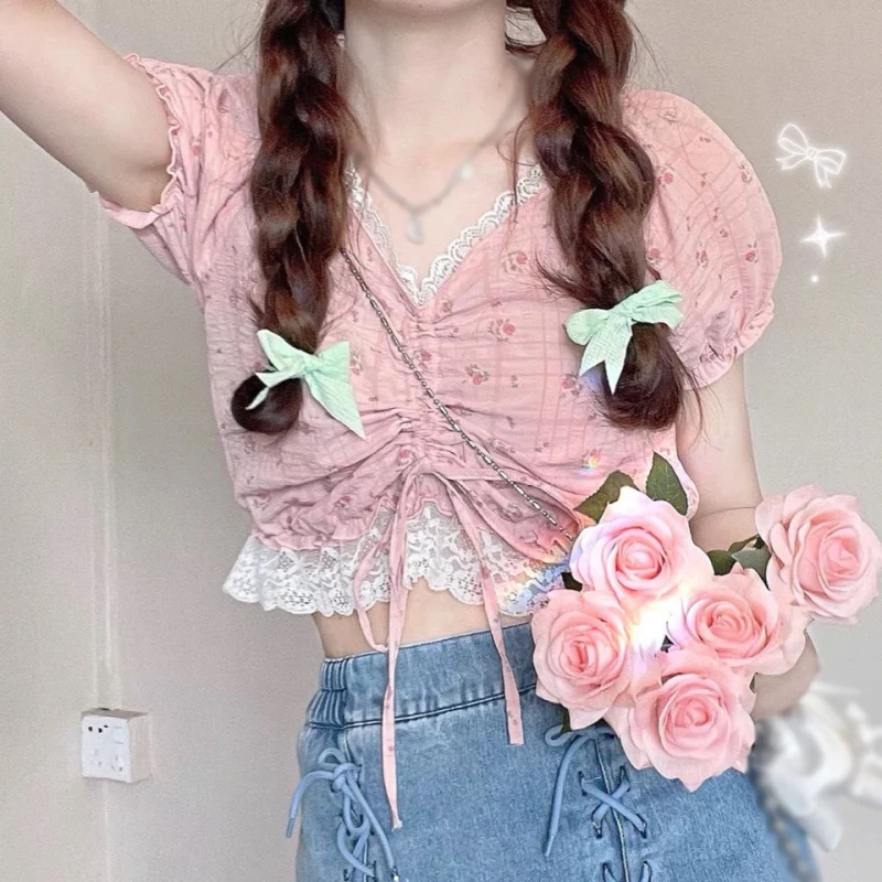 

Sexy Floral Women's Crop Top Puff Sleeves Slim Fitted Casual Style