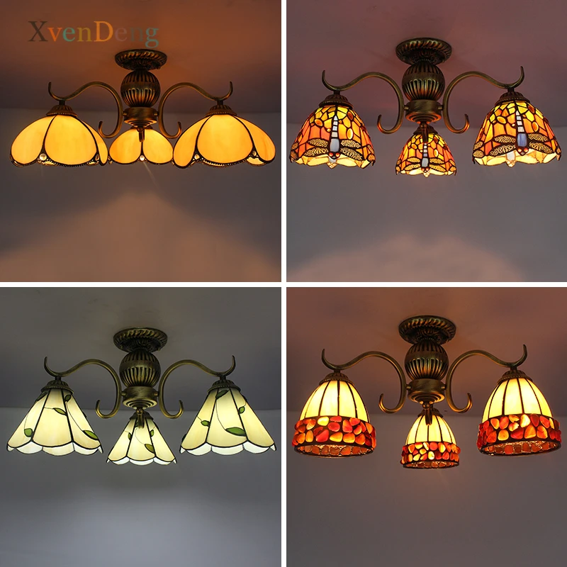 

Tiffany Stained Glass Ceiling Lamps for Living Room Bedroom Bar Dining Room Home Decor Vintage Iron LED Ceiling Light Fixtures