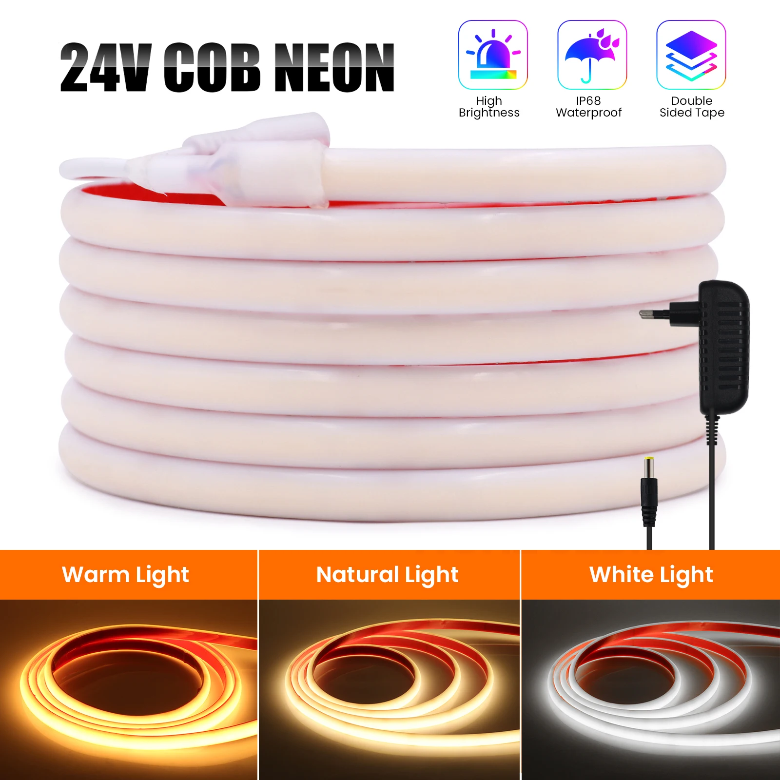 IP68 방수 COB LED 네온 조명 스트립, 고밀도 COB 선형 조명, 따뜻한 차가운 흰색, EU, 미국, 영국, AU 플러그 포함, 24V, 320 LEDs/m