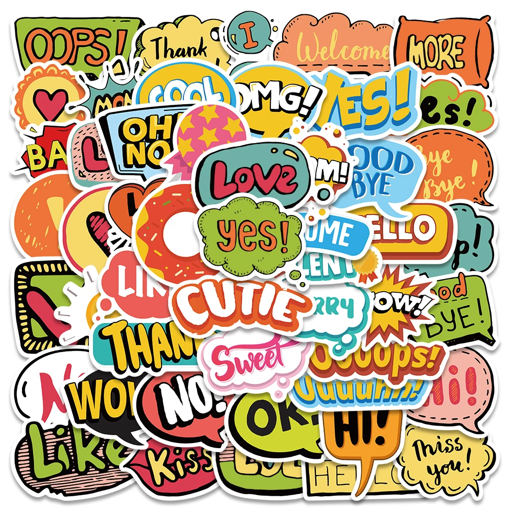

50pcs Cute Cartoon English Phrase Slogan Stickers Kids Toy Waterproof Graffiti For Luggage Laptop Guitar Bicycle Skateboard