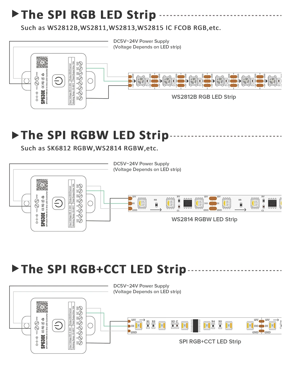 SP630E LED Controller RGBCCT RGBW RGB CCT Single Color 12V 24V 5V Bluetooth Remote SMD5050 2835 COB PWM Pixel Strips Controler