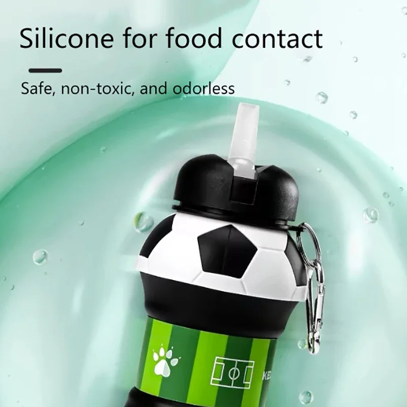 Sports Water Bottle Portable Water Bottle Outdoor Sports Portable Water Cup School Kids Leakproof Mug 550ml Creative Football Shaped Folding Silicone Water Bottle