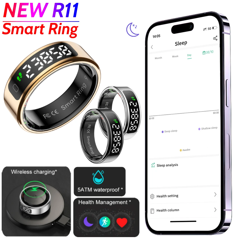 R11 Smart Ring with Display Screen Touch Fitness Sleep Monitor 5 ATM ...