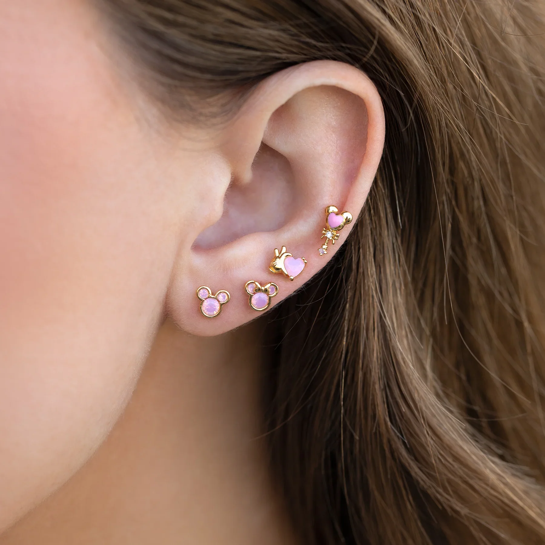 MIGGA 4pcs Cute Pink Heart Love Cartoon Mouse Stud Earrings Set for Women Girls Gold Color Jewelry