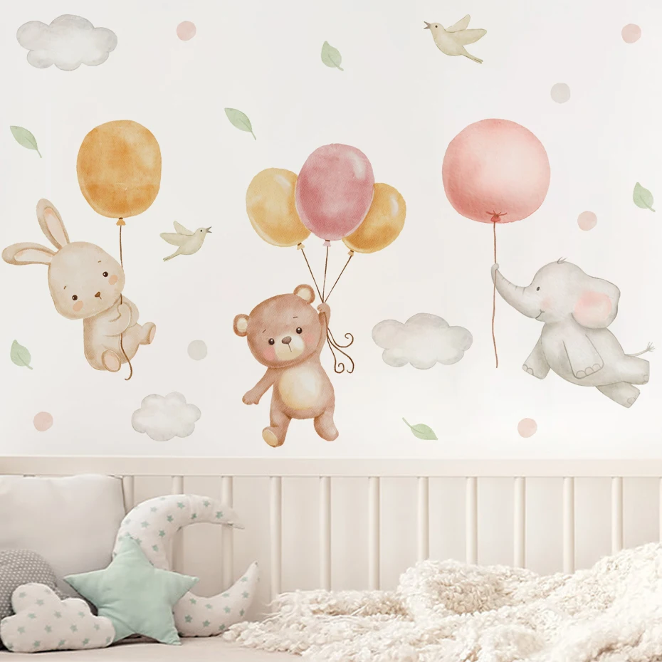 Luminous Wall Stickers Wall Stickers Vinyl Decal Stickers Watercolor Cartoon Bear Rabbit Balloons Clouds Wall Sticker for Kids Room Home Decor