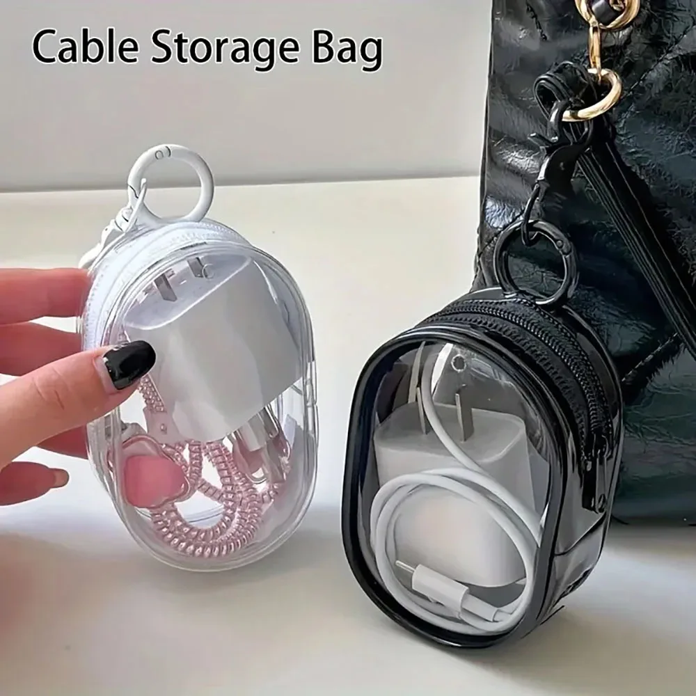 Mini Clear Zipper Storage Bag with Keychain Loop Portable Organizer for Earphones Chargers Travel Cable Case Accessories