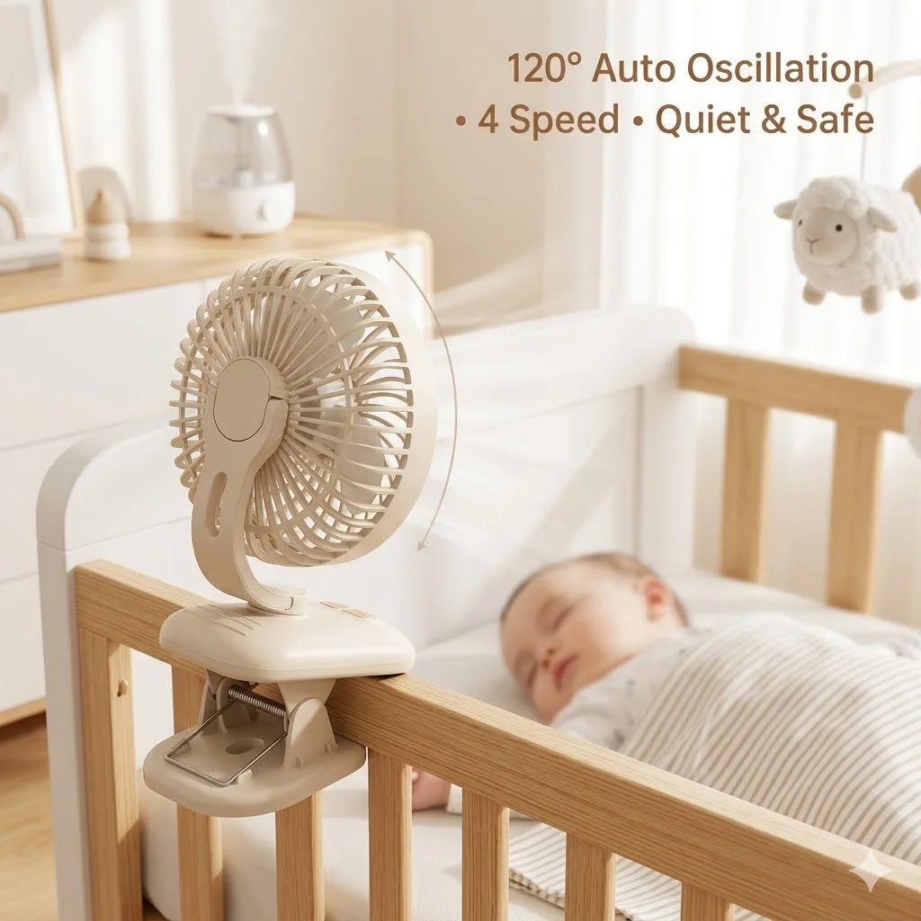 Clip On Fan, Stroller 1800mAh Rechargeable Portable With 4 Speeds, 120° Auto Oscillation Desk Fan_voghion.com