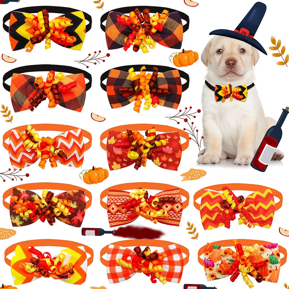 

50PCS Thanksgiving Decorate Dog Bowties Dog Neckties with Colorful Ribbon Pumpkin Grooming Adjustable Dog Collar Puppy Supplies