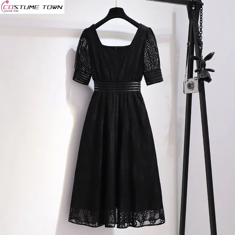 

Black French Square Necked Dress for Women's Summer 2024 New Slimming Long Dress Hepburn Style Lace Small Black Dress