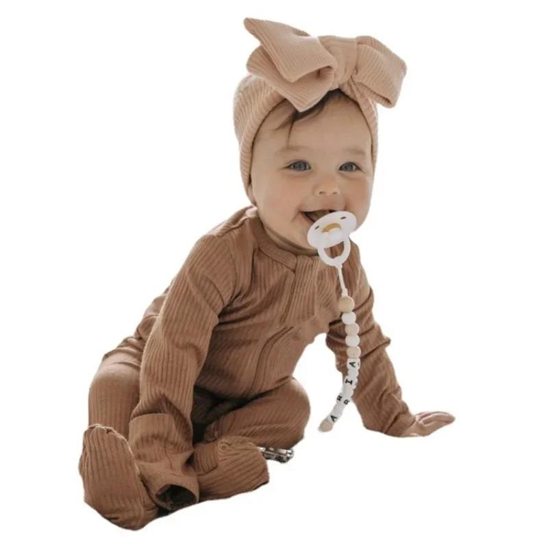 Newborn Clothes Boys Girls Pit Stripe O-neck Long Sleeve Zipper Footies Rompers+Headband Baby Soft Elasticity Jumpsuit H20604