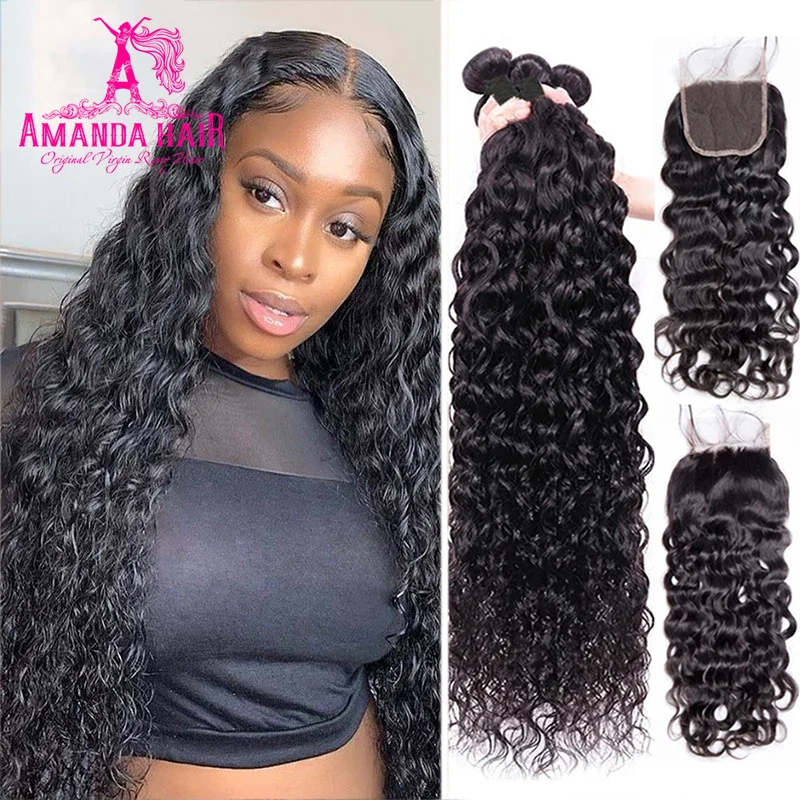 

Amanda Double Drawn Hair Bundles with Closure 4x4" Water Wave Unprocessed Virgin Human Hair Peruvian Hair Bundle with Closure